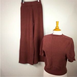 SN Women's Amber Light Brown Ribbed Short Sleeve Sweater + Wide Leg Pant Size S